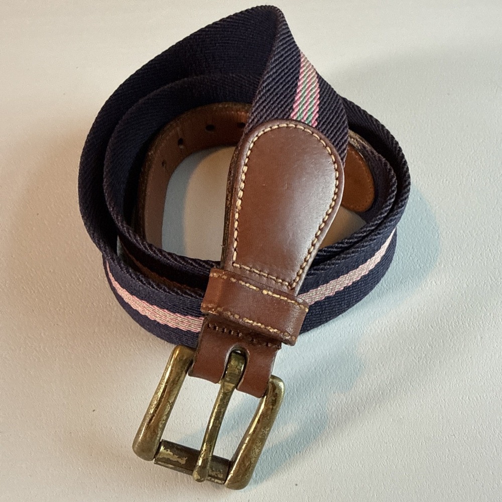 Dooney & Bourke Sz 34 Navy Striped Wool Leather Brass Surcingle Belt Preppy USA